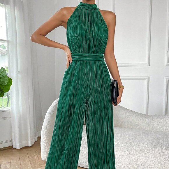 Green  Women's Sleeveless Halter Neck Wide Leg Jumpsuit - Picture 7 of 7